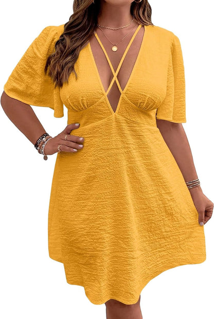 WDIRARA Women'S plus Size Deep V Neck Criss Cross Front Ruffle Short Sleeve Tie Backless Flared a Line Dress Mustard Yellow / X-Large Plus