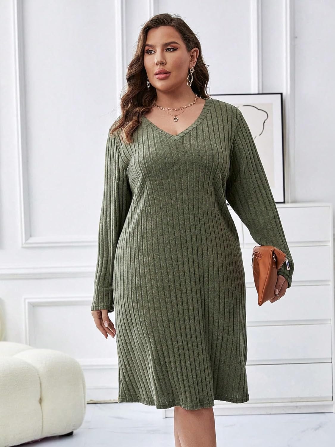 WDIRARA Women'S plus Size V Neck Ribbed Tee Dress Long Sleeve Loose Fit Knee Long Causal Fall Dresses