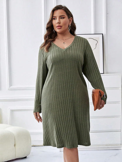 WDIRARA Women'S plus Size V Neck Ribbed Tee Dress Long Sleeve Loose Fit Knee Long Causal Fall Dresses