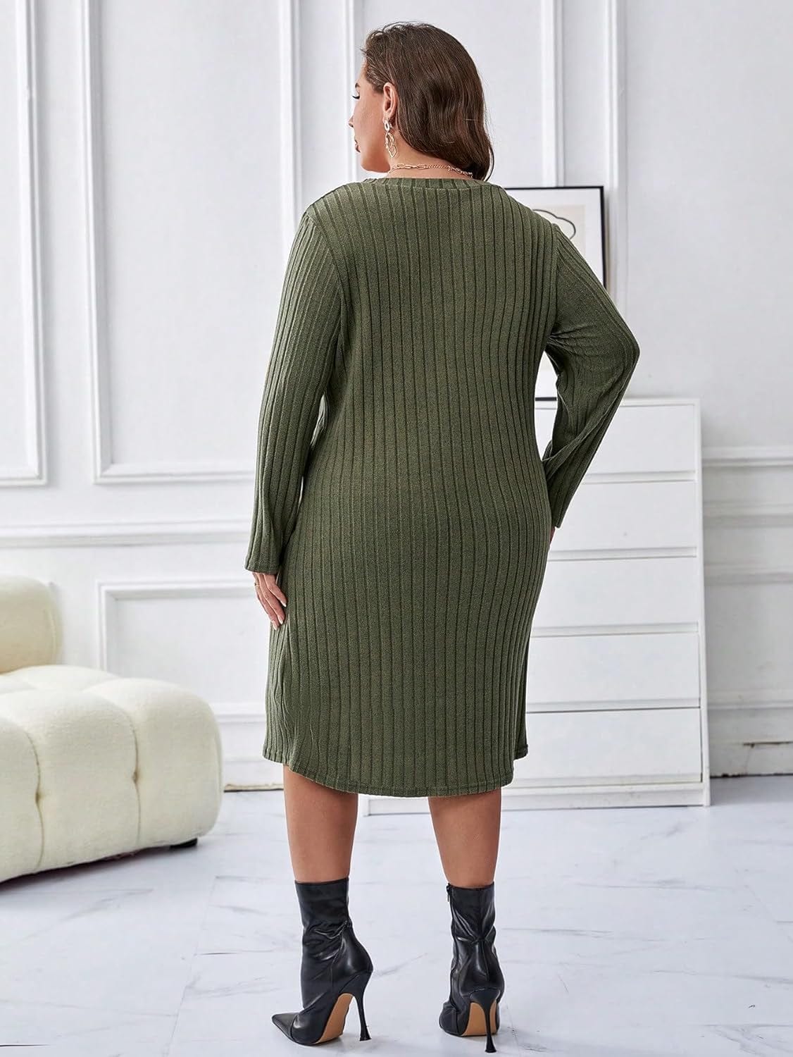 WDIRARA Women'S plus Size V Neck Ribbed Tee Dress Long Sleeve Loose Fit Knee Long Causal Fall Dresses