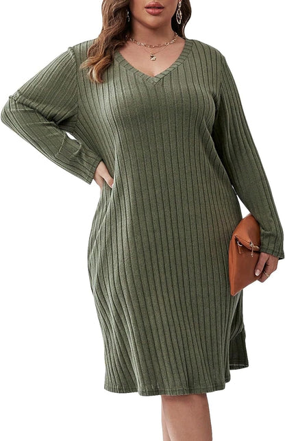 WDIRARA Women'S plus Size V Neck Ribbed Tee Dress Long Sleeve Loose Fit Knee Long Causal Fall Dresses