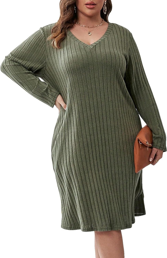 WDIRARA Women'S plus Size V Neck Ribbed Tee Dress Long Sleeve Loose Fit Knee Long Causal Fall Dresses