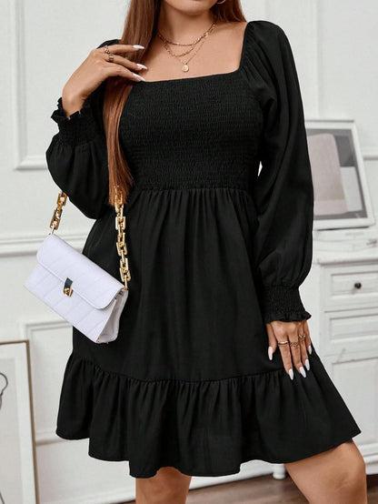 WDIRARA Women'S Ruffle Trim Ruched plus Size Square Neck Puff Sleeve Flared Hem Casual Loose Dress