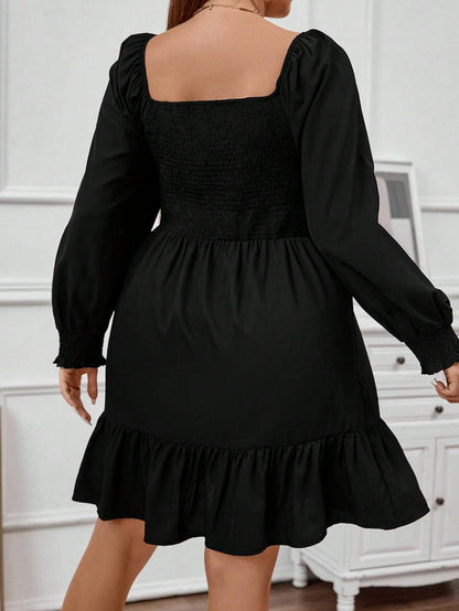 WDIRARA Women'S Ruffle Trim Ruched plus Size Square Neck Puff Sleeve Flared Hem Casual Loose Dress