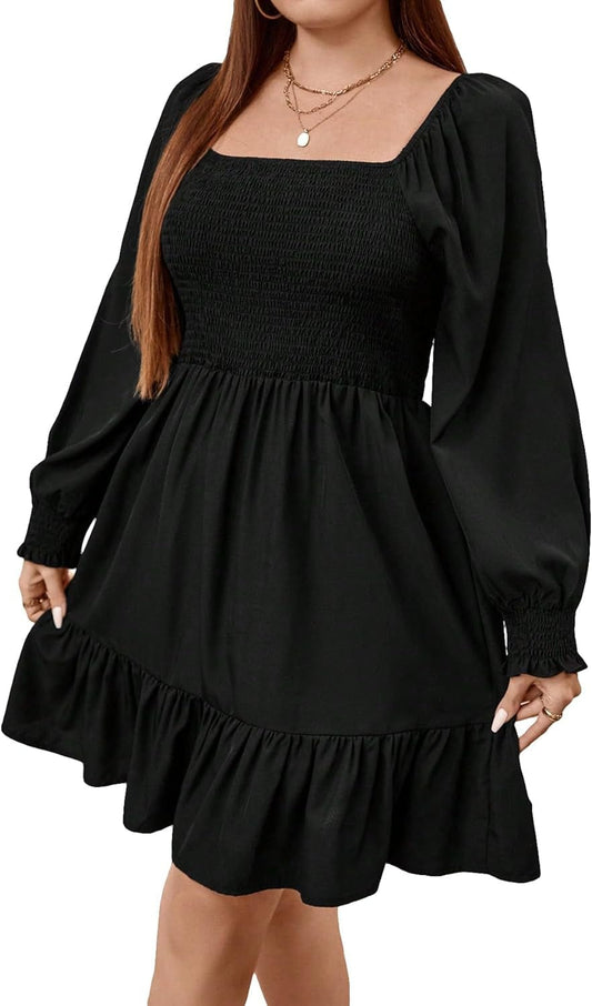 WDIRARA Women'S Ruffle Trim Ruched plus Size Square Neck Puff Sleeve Flared Hem Casual Loose Dress