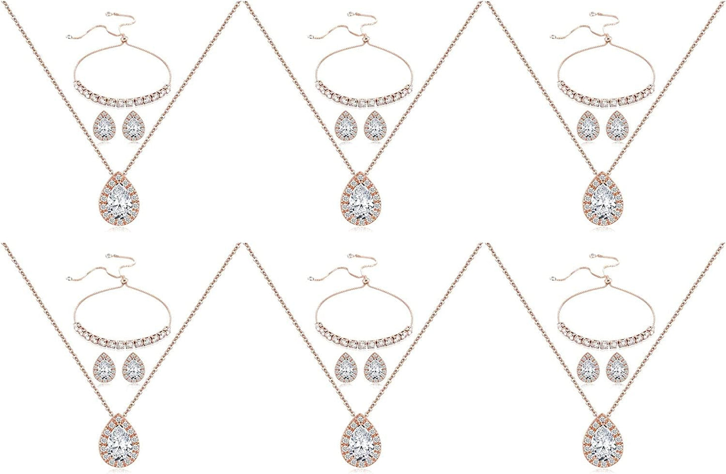Wedding Bridesmaid Jewelry Set Necklace Earring Bracelet Wedding Jewelry Set 3A Cube Oxidation Jewelry Set Hypoallergenic Wedding Jewelry Bridesmaid Gift (Adjustable Rose Gold 6 Piece Set