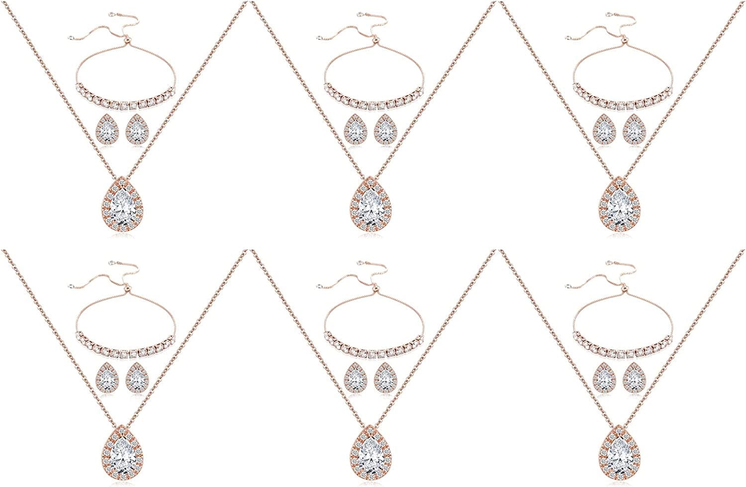 Wedding Bridesmaid Jewelry Set Necklace Earring Bracelet Wedding Jewelry Set 3A Cube Oxidation Jewelry Set Hypoallergenic Wedding Jewelry Bridesmaid Gift (Adjustable Rose Gold 6 Piece Set