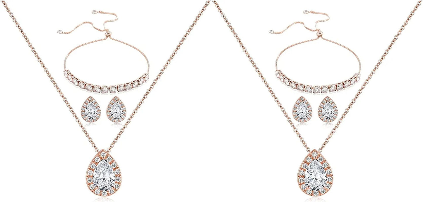 Wedding Bridesmaid Jewelry Set Necklace Earring Bracelet Wedding Jewelry Set 3A Cube Oxidation Jewelry Set Hypoallergenic Wedding Jewelry Bridesmaid Gift (Adjustable Rose Gold 2 Piece