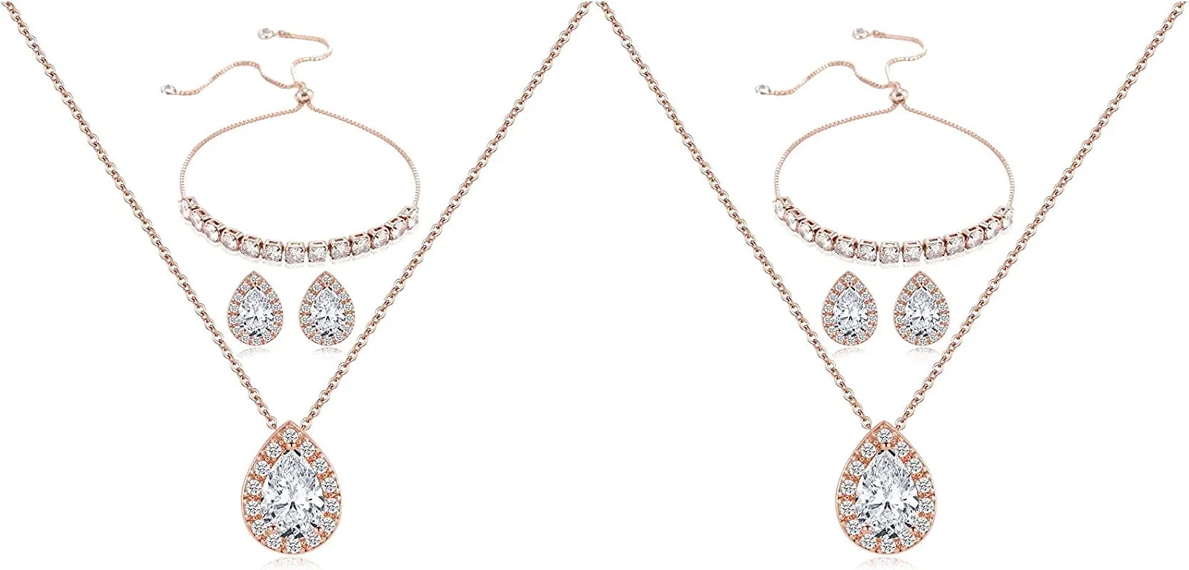Wedding Bridesmaid Jewelry Set Necklace Earring Bracelet Wedding Jewelry Set 3A Cube Oxidation Jewelry Set Hypoallergenic Wedding Jewelry Bridesmaid Gift (Adjustable Rose Gold 2 Piece