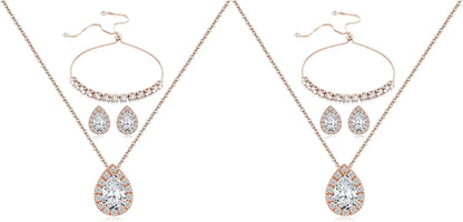 Wedding Bridesmaid Jewelry Set Necklace Earring Bracelet Wedding Jewelry Set 3A Cube Oxidation Jewelry Set Hypoallergenic Wedding Jewelry Bridesmaid Gift (Adjustable Rose Gold 2 Piece