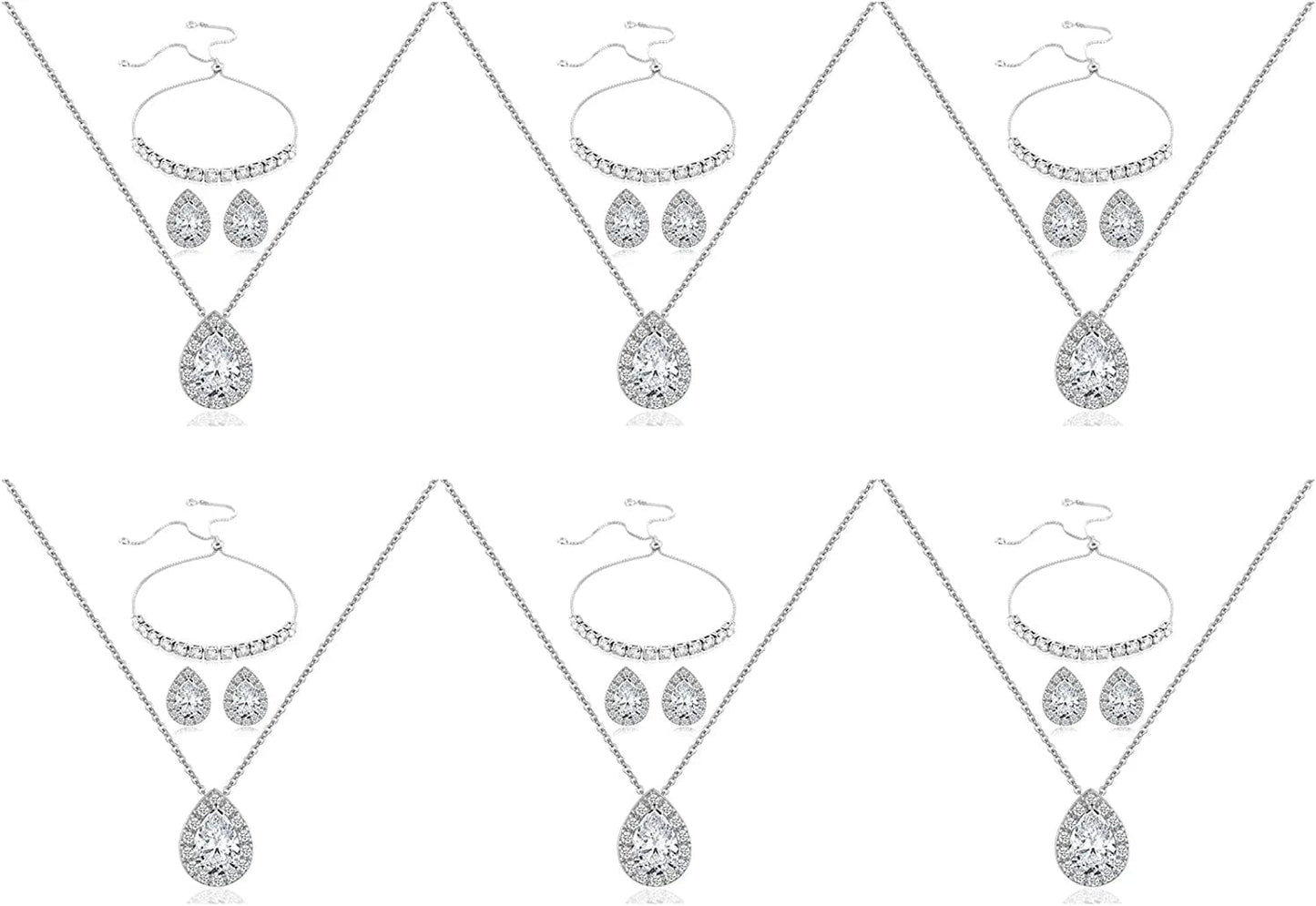 Wedding Bridesmaid Jewelry Set Necklace Earring Bracelet Wedding Jewelry Set 3A Cube Oxidation Jewelry Set Hypoallergenic Wedding Jewelry Bridesmaid Gift (Adjustable Silver 6 Piece Set