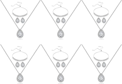 Wedding Bridesmaid Jewelry Set Necklace Earring Bracelet Wedding Jewelry Set 3A Cube Oxidation Jewelry Set Hypoallergenic Wedding Jewelry Bridesmaid Gift (Adjustable Silver 6 Piece Set