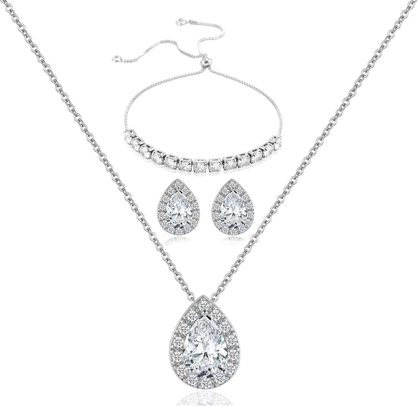 Wedding Bridesmaid Jewelry Set Necklace Earring Bracelet Wedding Jewelry Set 3A Cube Oxidation Jewelry Set Hypoallergenic Wedding Jewelry Bridesmaid Gift (Adjustable Silver 1 Piece Set