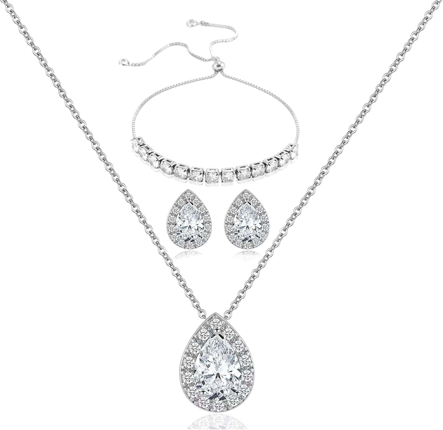 Wedding Bridesmaid Jewelry Set Necklace Earring Bracelet Wedding Jewelry Set 3A Cube Oxidation Jewelry Set Hypoallergenic Wedding Jewelry Bridesmaid Gift (Adjustable Silver 1 Piece Set