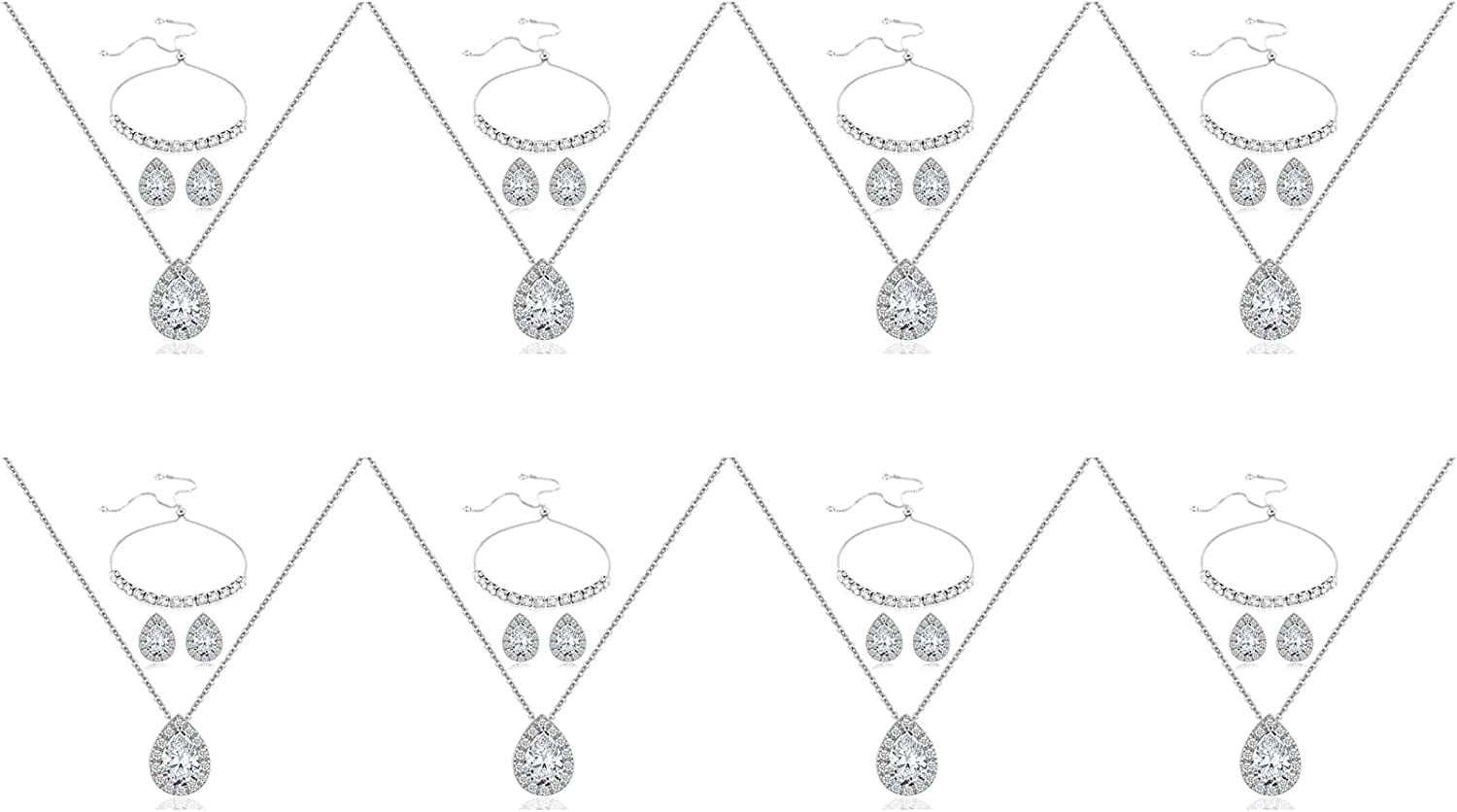 Wedding Bridesmaid Jewelry Set Necklace Earring Bracelet Wedding Jewelry Set 3A Cube Oxidation Jewelry Set Hypoallergenic Wedding Jewelry Bridesmaid Gift (Adjustable Silver 8 Piece Set