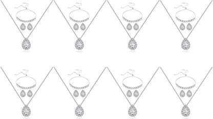 Wedding Bridesmaid Jewelry Set Necklace Earring Bracelet Wedding Jewelry Set 3A Cube Oxidation Jewelry Set Hypoallergenic Wedding Jewelry Bridesmaid Gift (Adjustable Silver 8 Piece Set