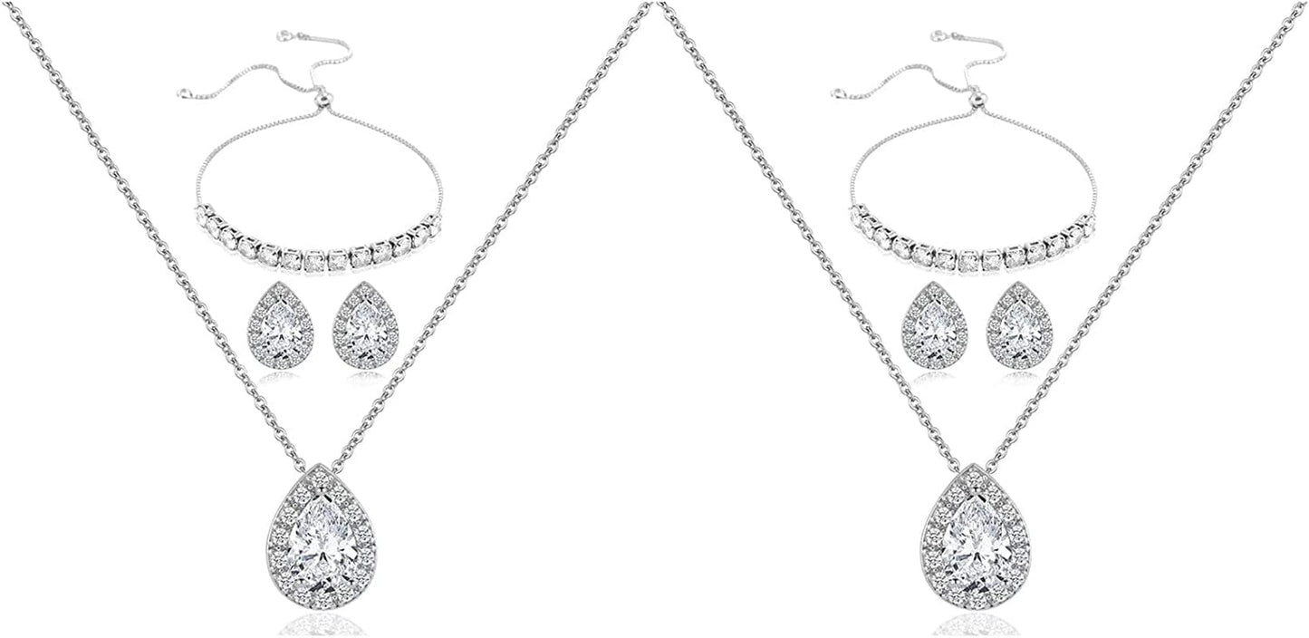 Wedding Bridesmaid Jewelry Set Necklace Earring Bracelet Wedding Jewelry Set 3A Cube Oxidation Jewelry Set Hypoallergenic Wedding Jewelry Bridesmaid Gift (Adjustable Set of 2 Silver