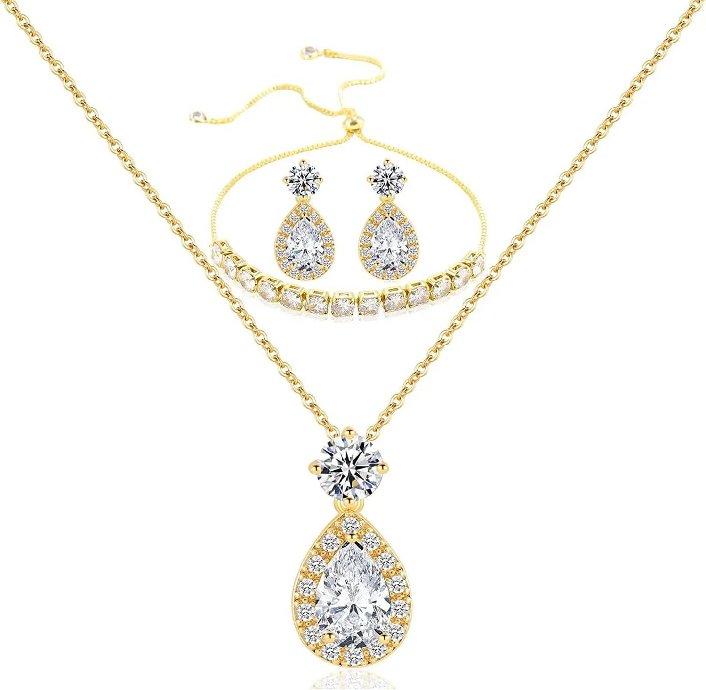 Wedding Bridesmaid Jewelry Set Necklace Earring Bracelet Wedding Jewelry Set 3A Cube Oxidation Jewelry Set Hypoallergenic Wedding Jewelry Bridesmaid Gift (Adjustable Gold