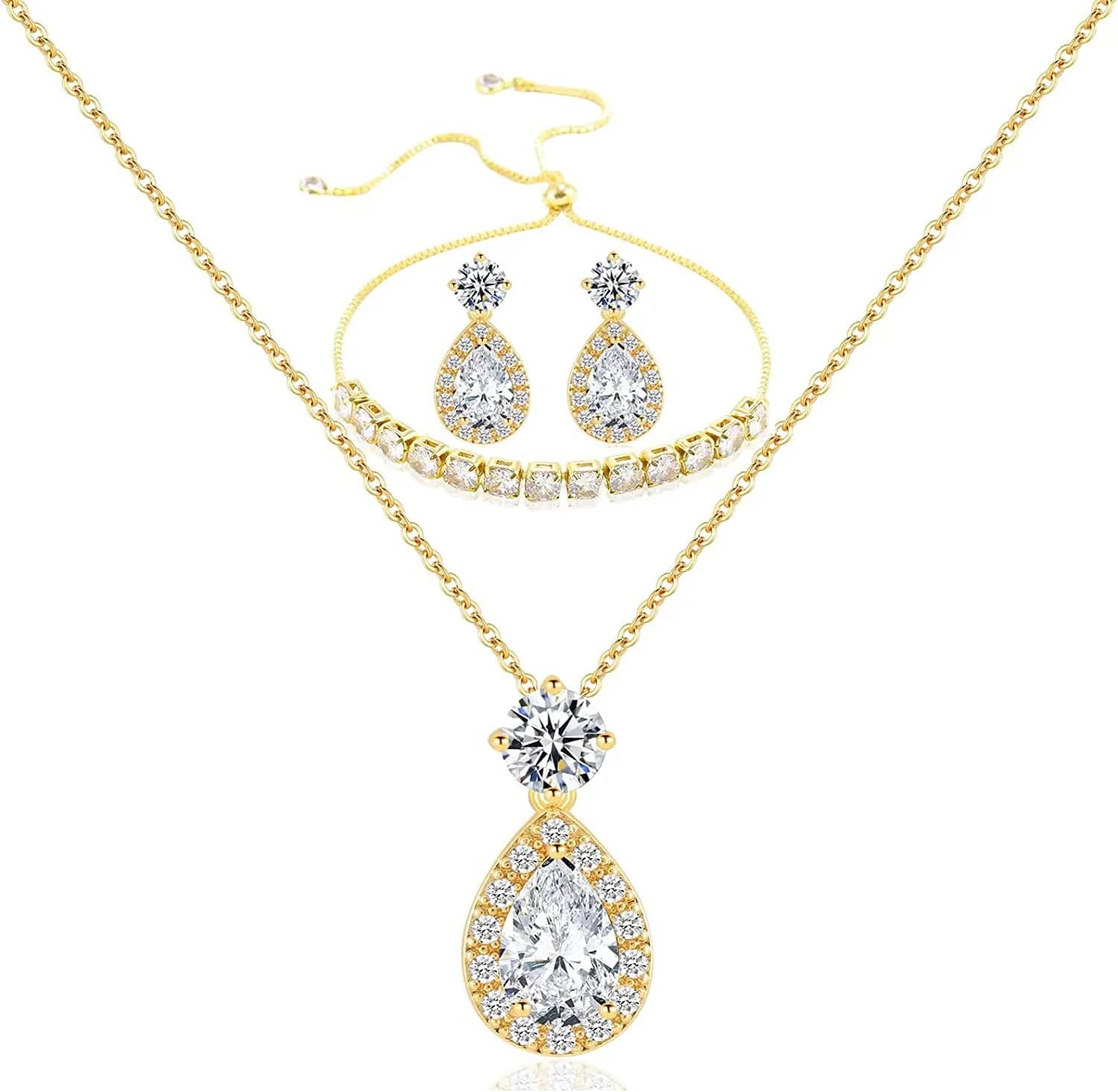 Wedding Bridesmaid Jewelry Set Necklace Earring Bracelet Wedding Jewelry Set 3A Cube Oxidation Jewelry Set Hypoallergenic Wedding Jewelry Bridesmaid Gift (Adjustable Gold