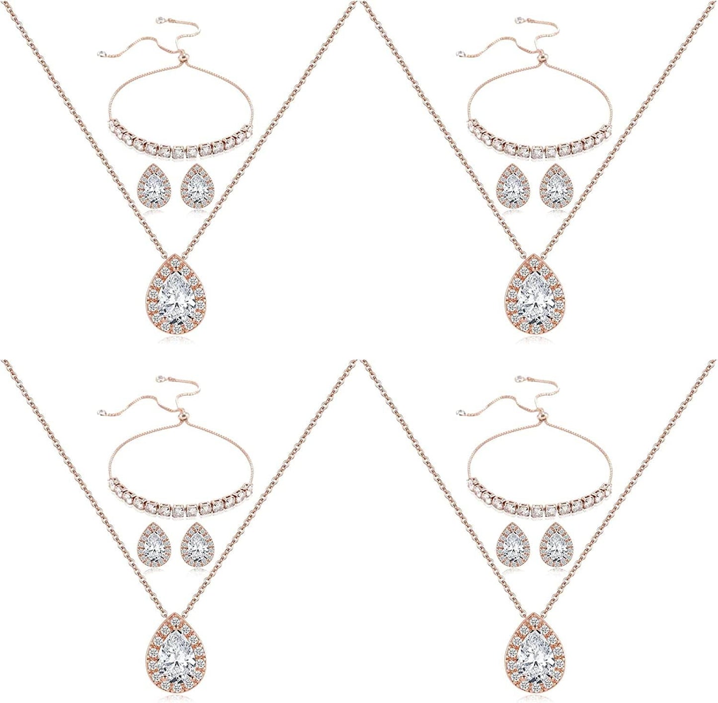 Wedding Bridesmaid Jewelry Set Necklace Earring Bracelet Wedding Jewelry Set 3A Cube Oxidation Jewelry Set Hypoallergenic Wedding Jewelry Bridesmaid Gift (Adjustable Rose Gold 4 Piece Set