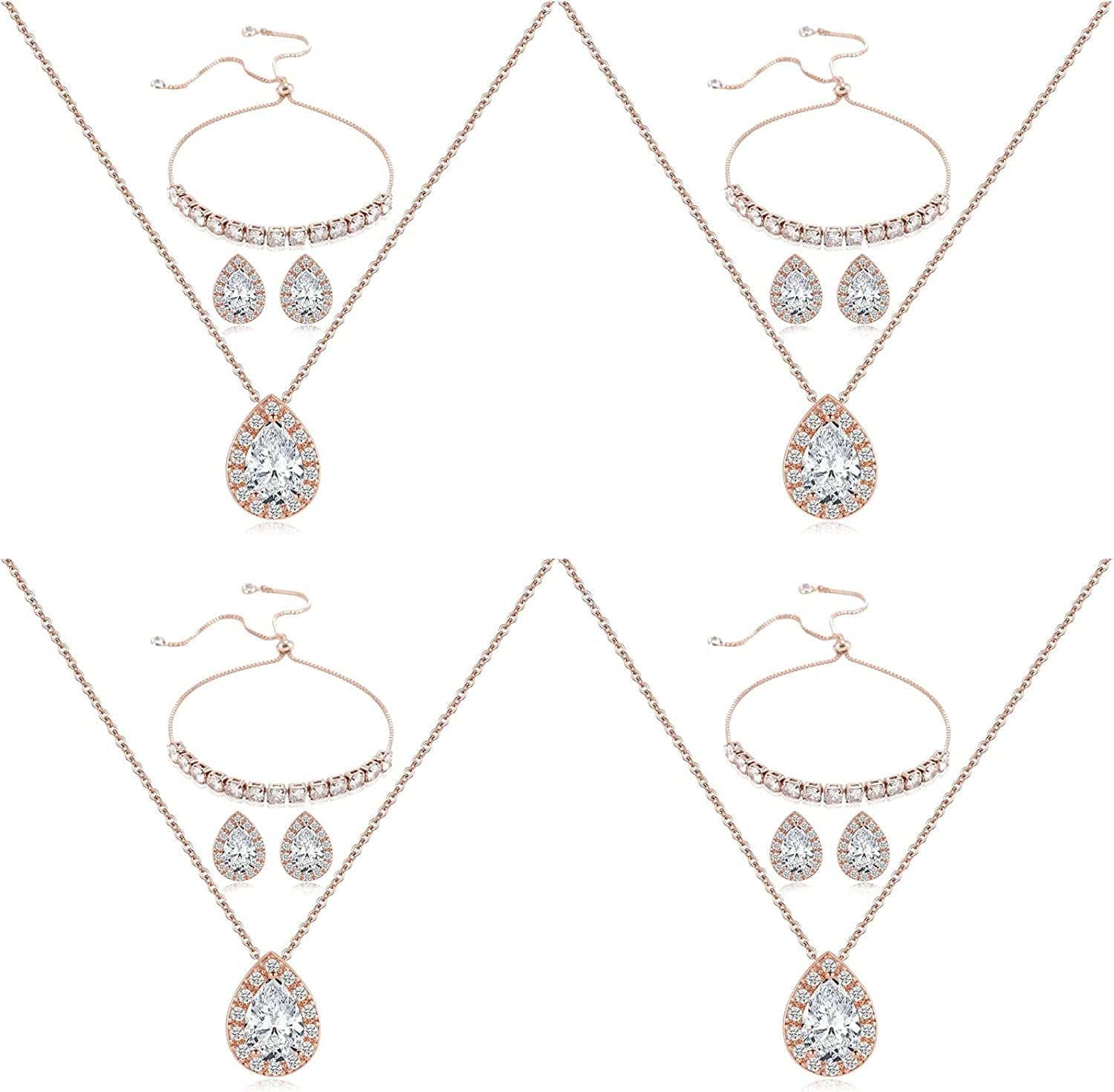 Wedding Bridesmaid Jewelry Set Necklace Earring Bracelet Wedding Jewelry Set 3A Cube Oxidation Jewelry Set Hypoallergenic Wedding Jewelry Bridesmaid Gift (Adjustable Rose Gold 4 Piece Set