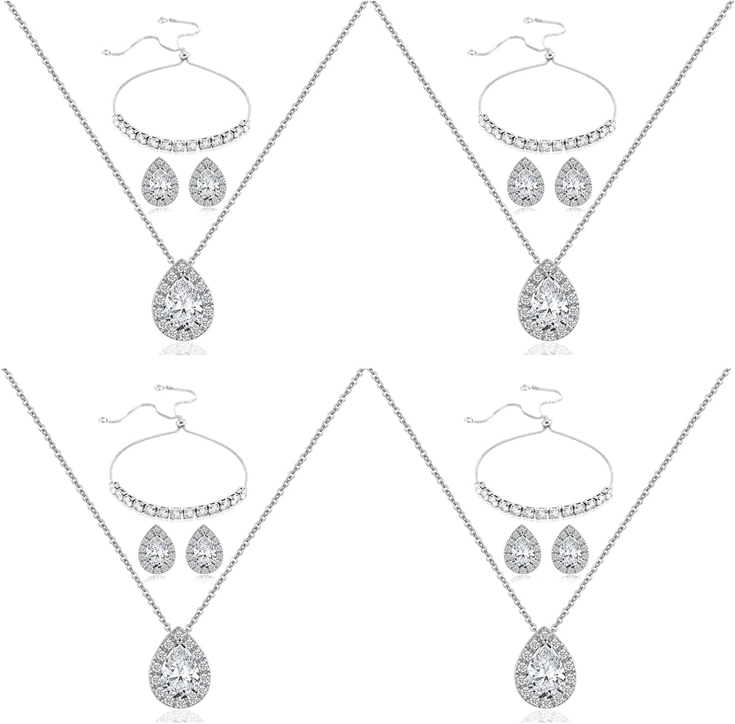 Wedding Bridesmaid Jewelry Set Necklace Earring Bracelet Wedding Jewelry Set 3A Cube Oxidation Jewelry Set Hypoallergenic Wedding Jewelry Bridesmaid Gift (Adjustable Silver 4 Piece Set