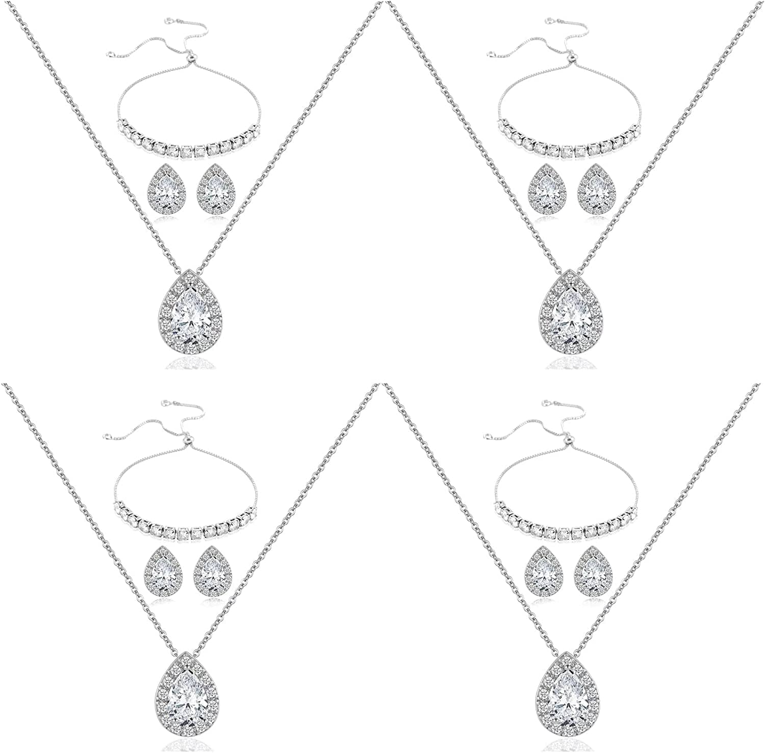 Wedding Bridesmaid Jewelry Set Necklace Earring Bracelet Wedding Jewelry Set 3A Cube Oxidation Jewelry Set Hypoallergenic Wedding Jewelry Bridesmaid Gift (Adjustable Silver 4 Piece Set