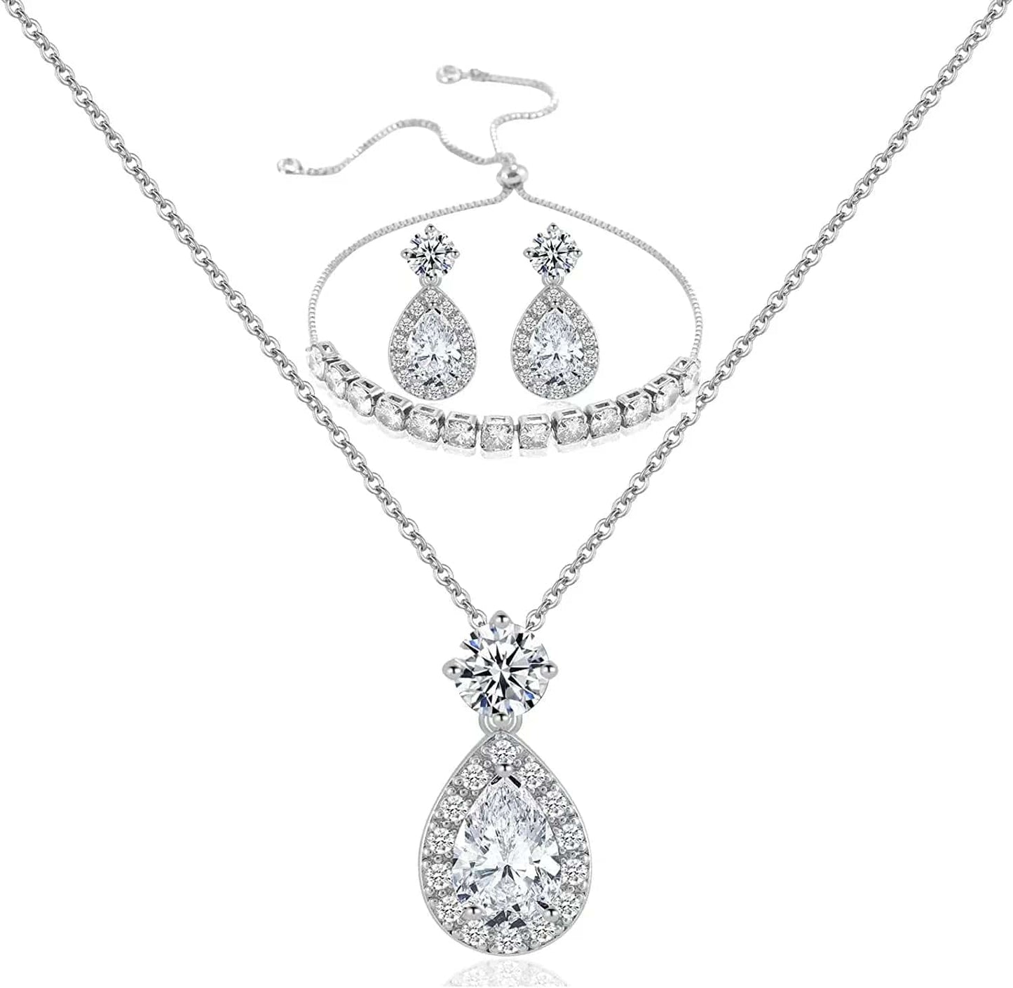 Wedding Bridesmaid Jewelry Set Necklace Earring Bracelet Wedding Jewelry Set 3A Cube Oxidation Jewelry Set Hypoallergenic Wedding Jewelry Bridesmaid Gift (Adjustable Silver