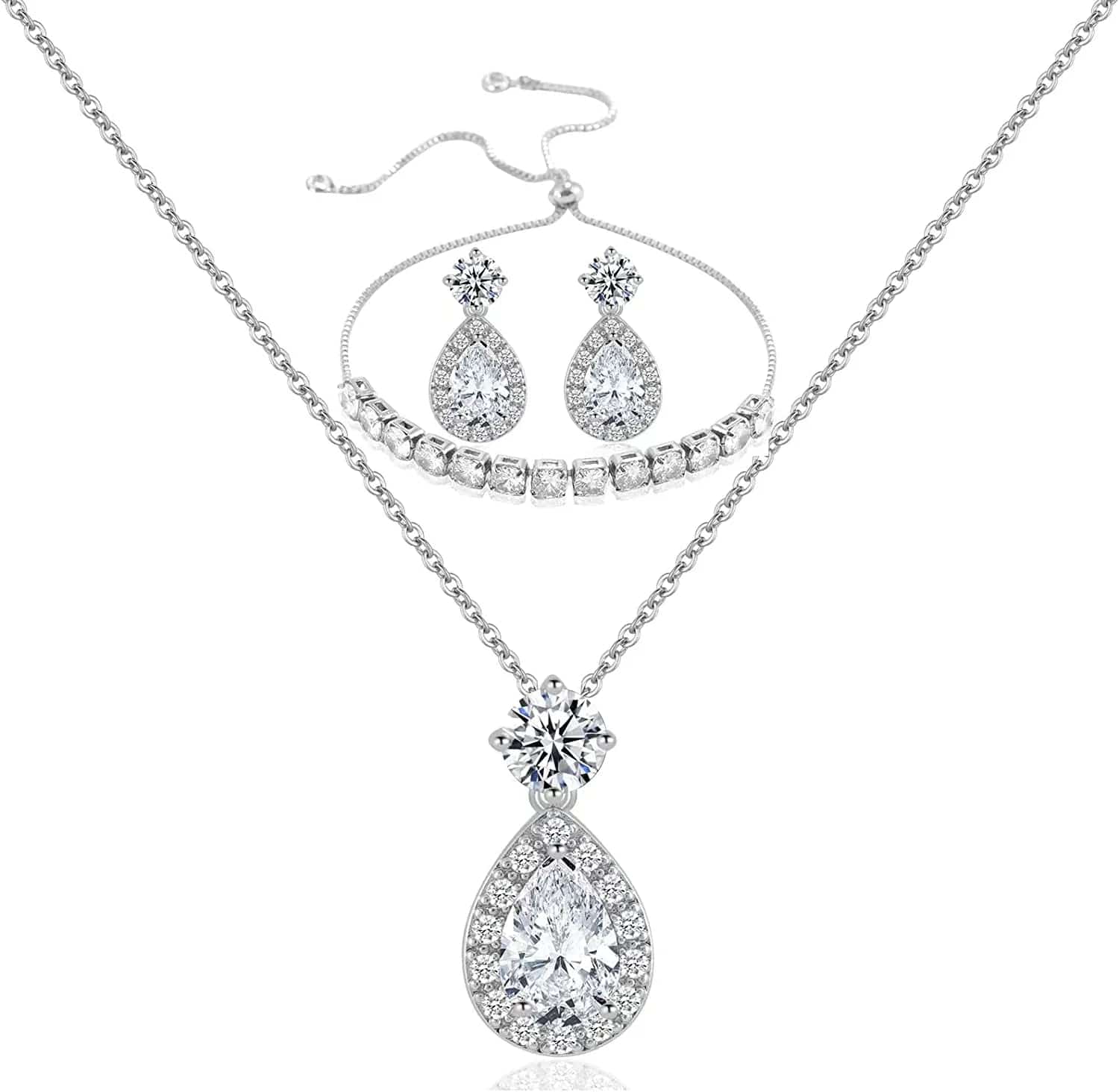 Wedding Bridesmaid Jewelry Set Necklace Earring Bracelet Wedding Jewelry Set 3A Cube Oxidation Jewelry Set Hypoallergenic Wedding Jewelry Bridesmaid Gift (Adjustable Silver