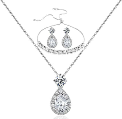 Wedding Bridesmaid Jewelry Set Necklace Earring Bracelet Wedding Jewelry Set 3A Cube Oxidation Jewelry Set Hypoallergenic Wedding Jewelry Bridesmaid Gift (Adjustable Silver