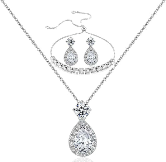 Wedding Bridesmaid Jewelry Set Necklace Earring Bracelet Wedding Jewelry Set 3A Cube Oxidation Jewelry Set Hypoallergenic Wedding Jewelry Bridesmaid Gift (Adjustable Silver