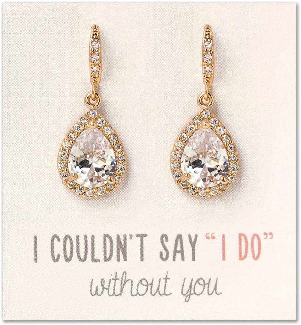 Wedding Bridesmaids Gift Drop Dangle Earrings or Jewelry Set in Silver, Yellow Gold, Rose Gold Earrings Only - Gold