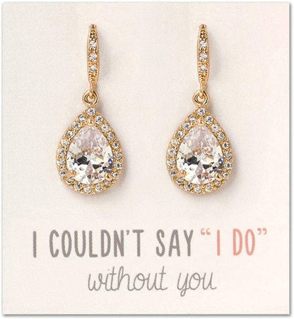 Wedding Bridesmaids Gift Drop Dangle Earrings or Jewelry Set in Silver, Yellow Gold, Rose Gold Earrings Only - Gold
