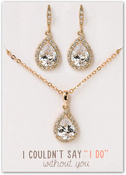 Wedding Bridesmaids Gift Drop Dangle Earrings or Jewelry Set in Silver, Yellow Gold, Rose Gold Set - Gold