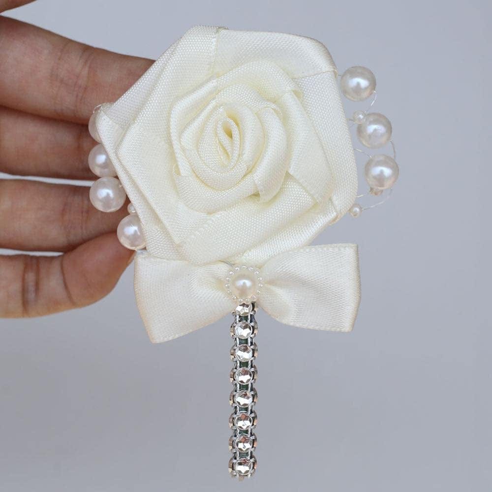 Wedding Groom Groomsmen Boutonniere Wedding Prom Men Suit Lapel Pin Silk Ribbon Ceremony Flower Brooch (Ivory,4Pcs) Ivory,White / 4PCS