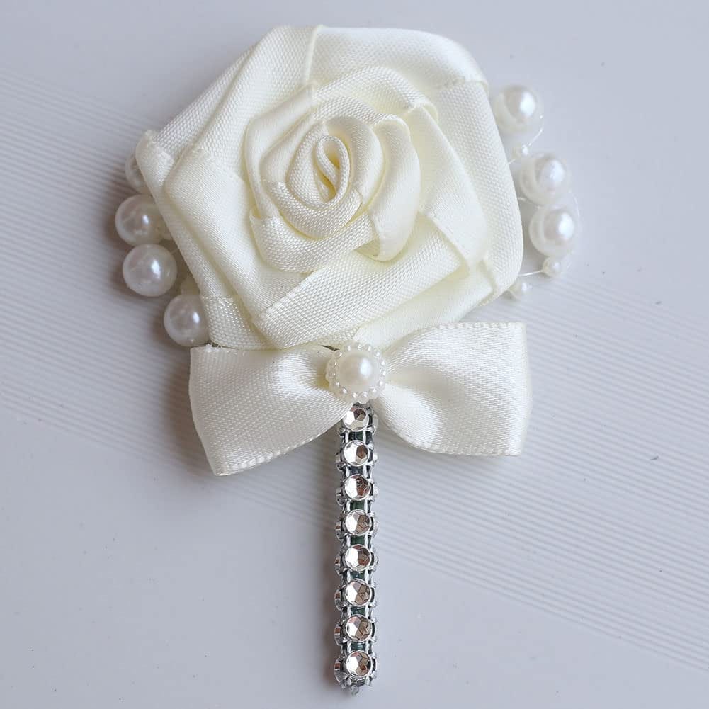 Wedding Groom Groomsmen Boutonniere Wedding Prom Men Suit Lapel Pin Silk Ribbon Ceremony Flower Brooch (Ivory,4Pcs) Ivory,White / 4PCS