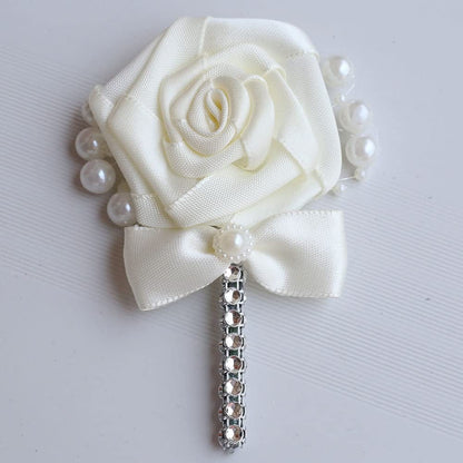 Wedding Groom Groomsmen Boutonniere Wedding Prom Men Suit Lapel Pin Silk Ribbon Ceremony Flower Brooch (Ivory,4Pcs) Ivory,White / 4PCS