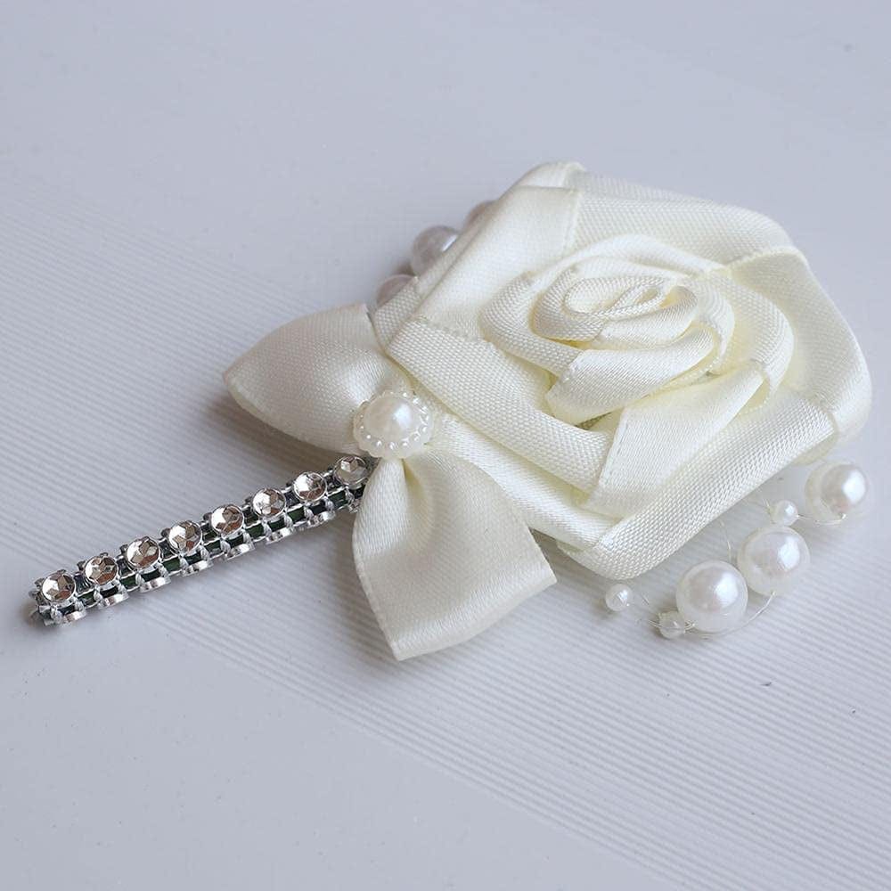 Wedding Groom Groomsmen Boutonniere Wedding Prom Men Suit Lapel Pin Silk Ribbon Ceremony Flower Brooch (Ivory,4Pcs) Ivory,White / 4PCS