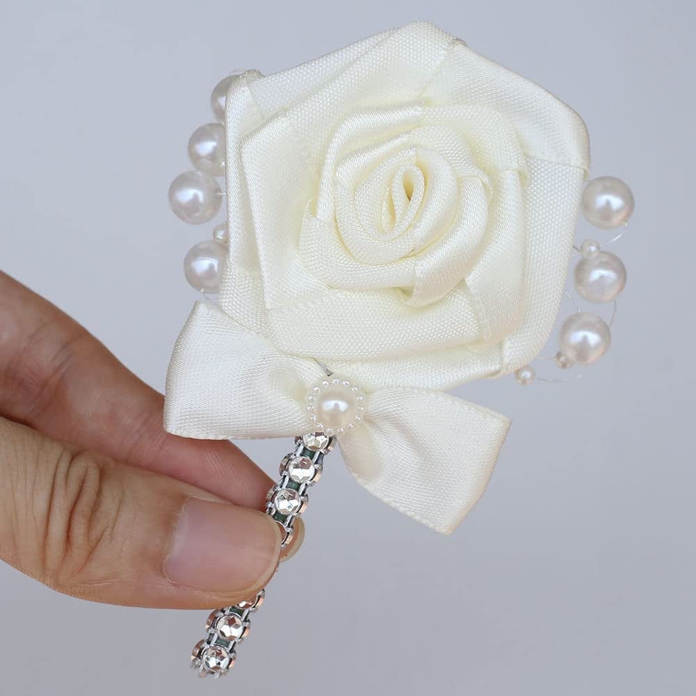 Wedding Groom Groomsmen Boutonniere Wedding Prom Men Suit Lapel Pin Silk Ribbon Ceremony Flower Brooch (Ivory,4Pcs) Ivory,White / 4PCS