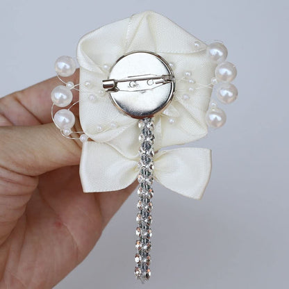 Wedding Groom Groomsmen Boutonniere Wedding Prom Men Suit Lapel Pin Silk Ribbon Ceremony Flower Brooch (Ivory,4Pcs) Ivory,White / 4PCS