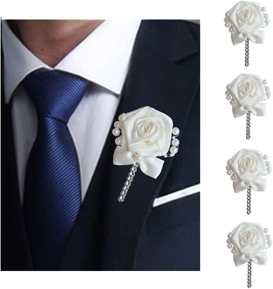 Wedding Groom Groomsmen Boutonniere Wedding Prom Men Suit Lapel Pin Silk Ribbon Ceremony Flower Brooch (Ivory,4Pcs) Ivory,White / 4PCS