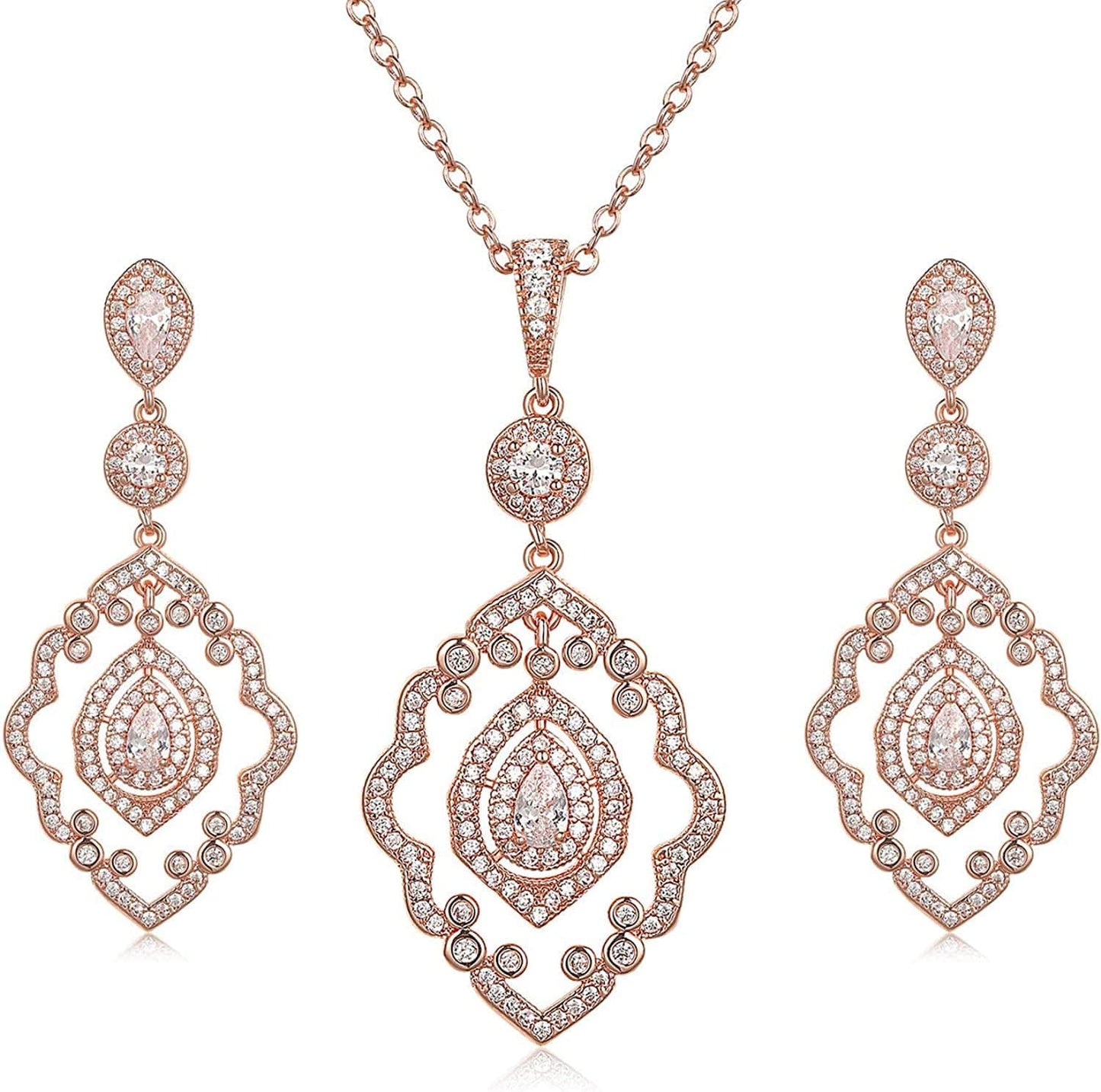 Wedding Jewelry for Bride, Necklace and Earrings Jewelry Set, Bridal Jewelry Set for Wedding Party Costume Rose Gold