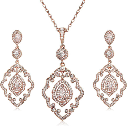 Wedding Jewelry for Bride, Necklace and Earrings Jewelry Set, Bridal Jewelry Set for Wedding Party Costume Rose Gold