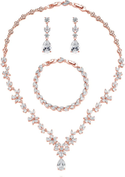 Wedding Jewelry for Bride, Silver Bridal Necklace Earrings Bracelet Set with Clear Cubic Zirconia, Bridemaids Jewelry Set for Wedding, Crystal Wedding Party Jewelry Set for Women Girls Rose gold Plated