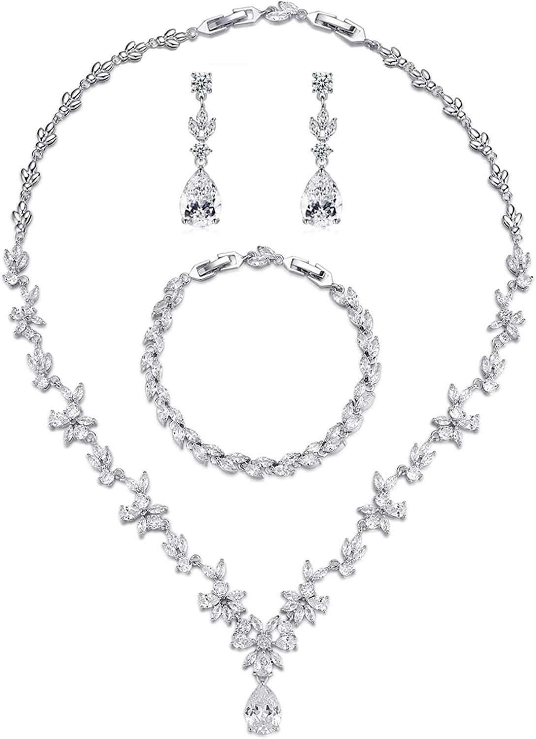 Wedding Jewelry for Bride, Silver Bridal Necklace Earrings Bracelet Set with Clear Cubic Zirconia, Bridemaids Jewelry Set for Wedding, Crystal Wedding Party Jewelry Set for Women Girls White gold plated