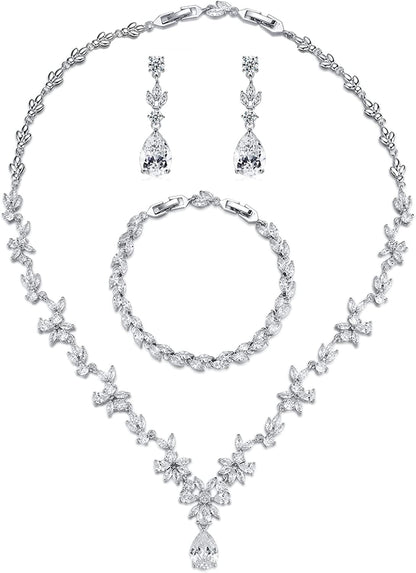 Wedding Jewelry for Bride, Silver Bridal Necklace Earrings Bracelet Set with Clear Cubic Zirconia, Bridemaids Jewelry Set for Wedding, Crystal Wedding Party Jewelry Set for Women Girls White gold plated