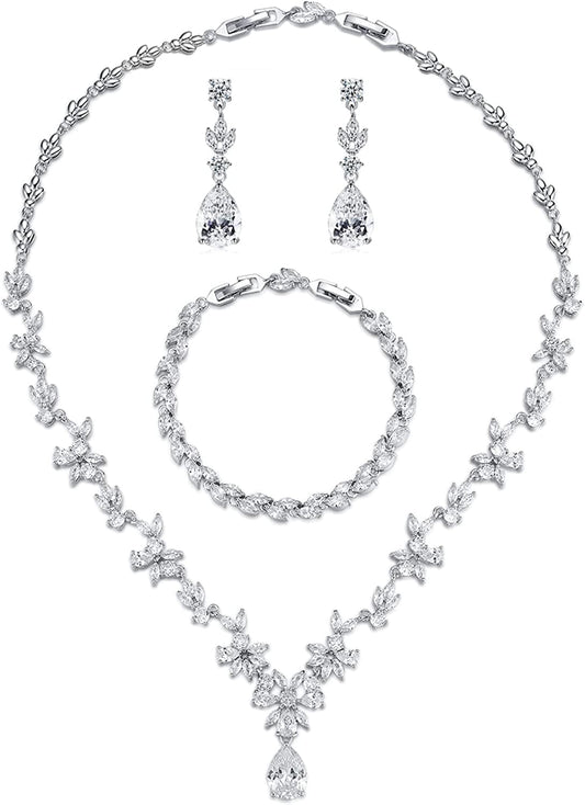 Wedding Jewelry for Bride, Silver Bridal Necklace Earrings Bracelet Set with Clear Cubic Zirconia, Bridemaids Jewelry Set for Wedding, Crystal Wedding Party Jewelry Set for Women Girls White gold plated