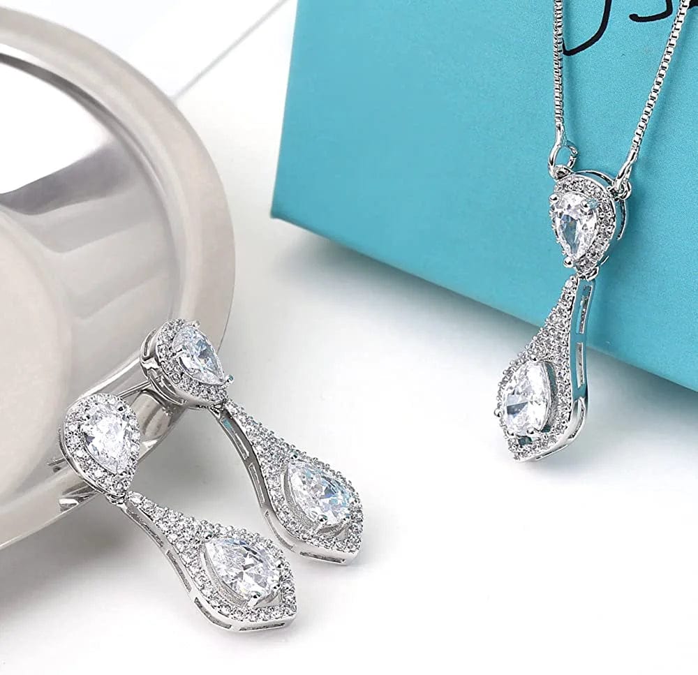 Wedding Jewelry Set for Bride - Elegant Sterling Silver Bridal Elegant Crystal Cubic Zirconia Teardrop Pendant Necklace Earrings Set for Teen Girls Bridesmaids Wedding Clear