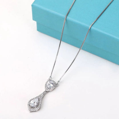 Wedding Jewelry Set for Bride - Elegant Sterling Silver Bridal Elegant Crystal Cubic Zirconia Teardrop Pendant Necklace Earrings Set for Teen Girls Bridesmaids Wedding Clear