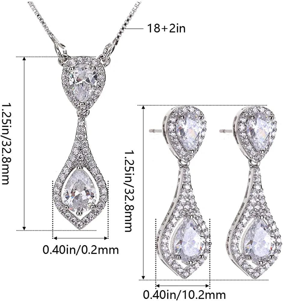 Wedding Jewelry Set for Bride - Elegant Sterling Silver Bridal Elegant Crystal Cubic Zirconia Teardrop Pendant Necklace Earrings Set for Teen Girls Bridesmaids Wedding Clear
